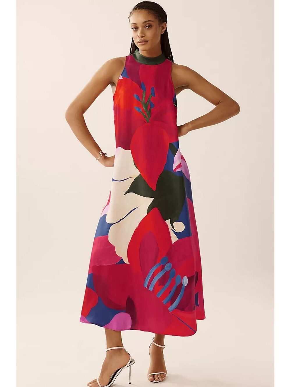 Farm Rio Halter Maxi Dress Red Watercolor Floral Design NWT XL